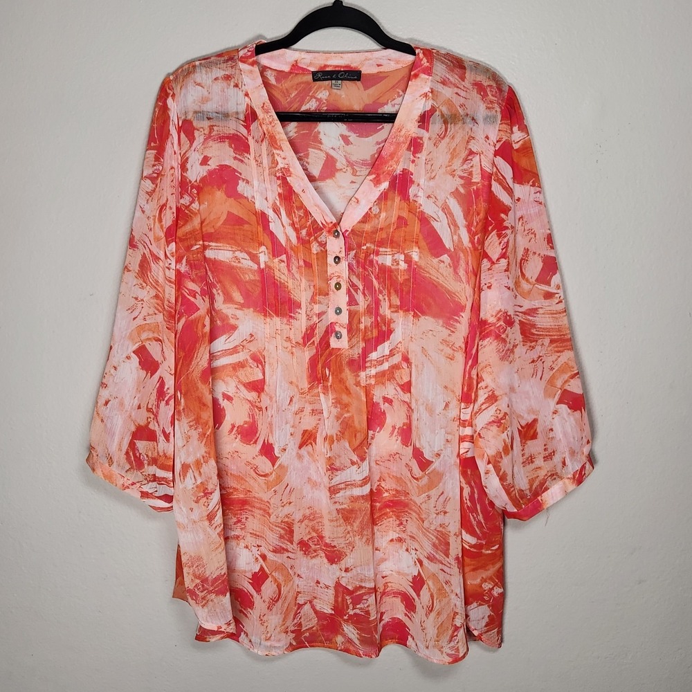 Rose And Olive Womens 2X Peach Orange Red Sheer Abstract Watercolor Top Pleated
